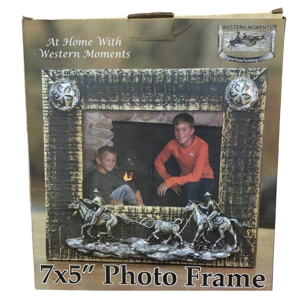 Western Moments Photo Frame Wooden‎ 7x5" Metal horses cowboys Outside 10x9 NIB